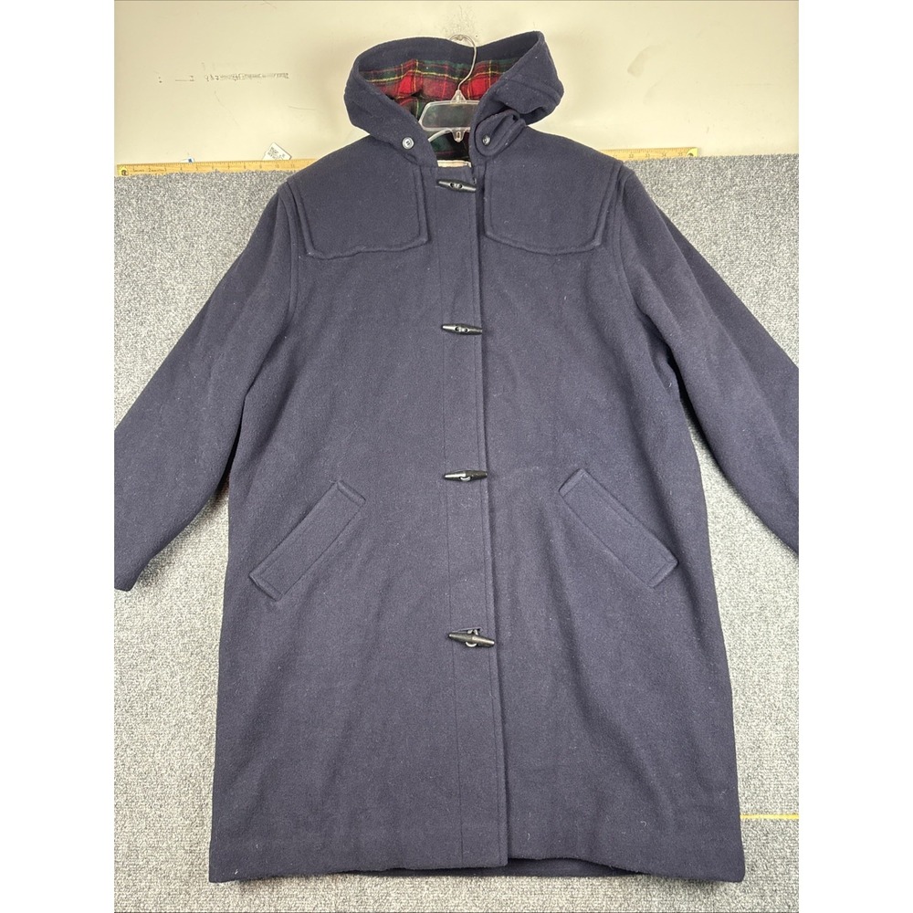 Vintage LL Bean Pea Coat Size 16 Navy Blue Wool Hooded Plaid Lining Made In USA - Picture 2 of 16
